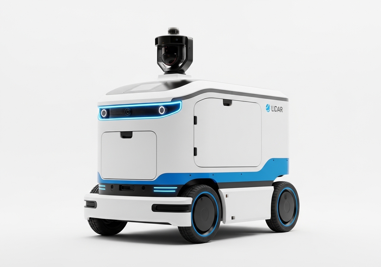 Tampilan depan Robot Pengiriman Big Dog menunjukkan sensor LiDAR dan ruang kargo