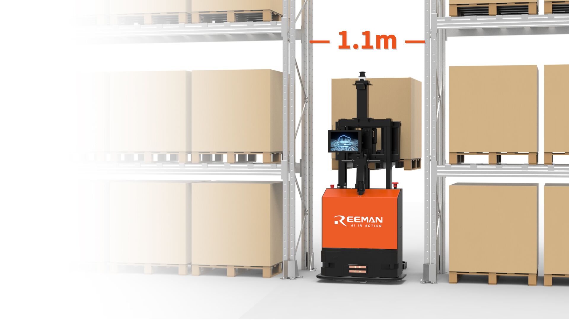 Mini 2.0 autonomous forklift operating in 1.1 meter narrow warehouse aisle